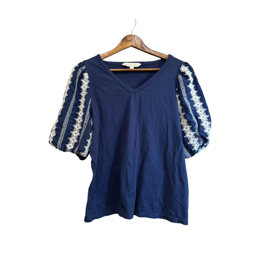 The Pioneer Woman Top Women L Blue Excellent Embroidered Puff Sleeve